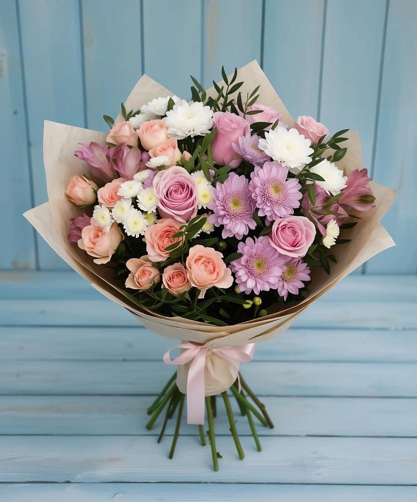 Букет цветов из: Хризантемы, Розы и Альстромерии в Трудобеликовский