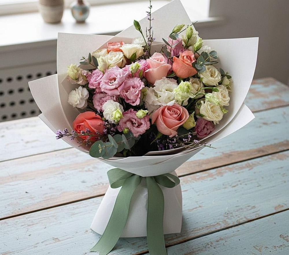 Букет цветов из: Розы, Лизиантусы и Гвоздики в Трудобеликовский