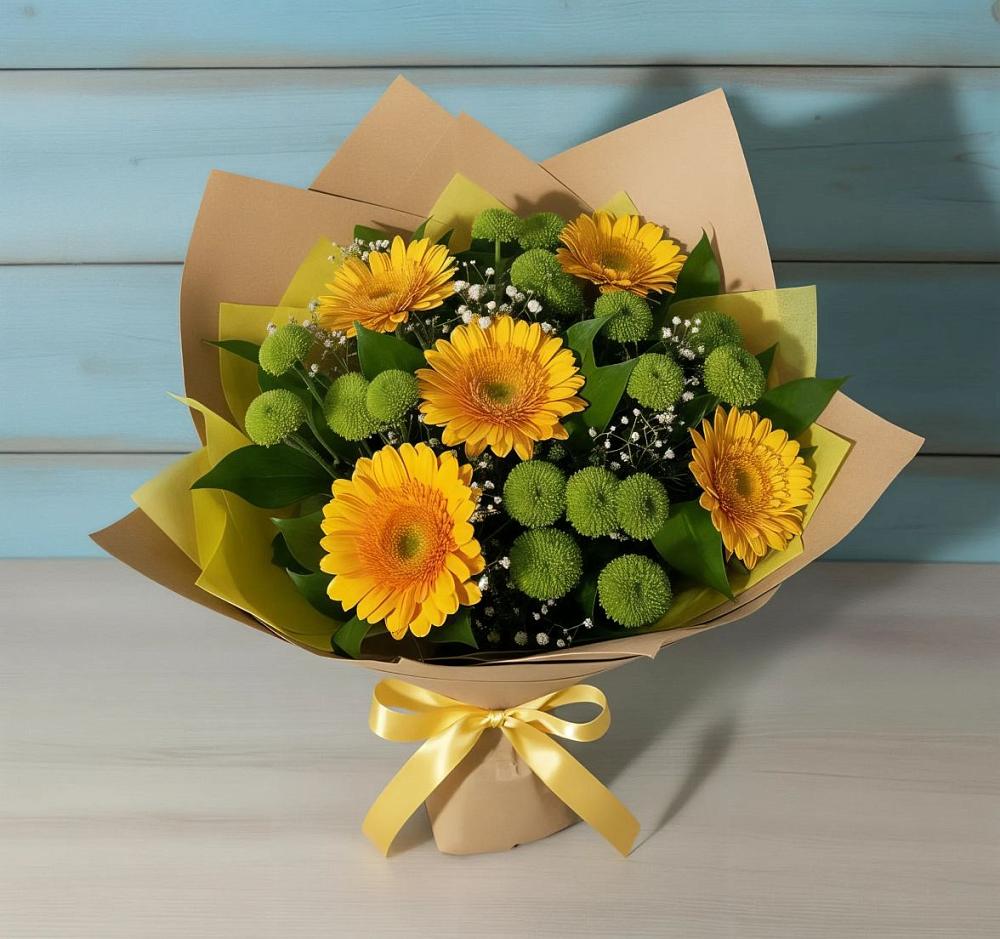 Букет цветов из: Герберы и Хризантемы в Трудобеликовский