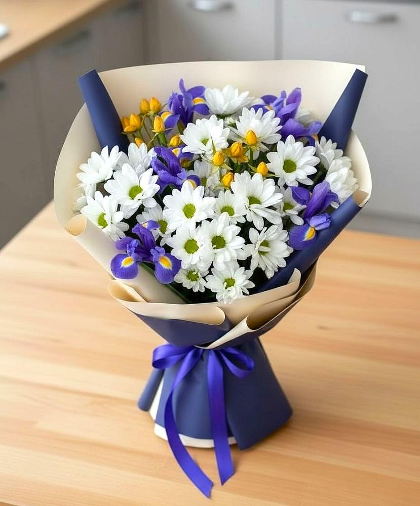 Букет цветов из: Розы, Ирисы и Хризантемы в Трудобеликовский